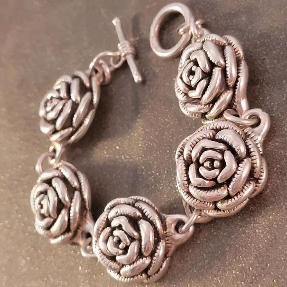 Vintage Sterling 3D Rose Flower Design Link Bracelet